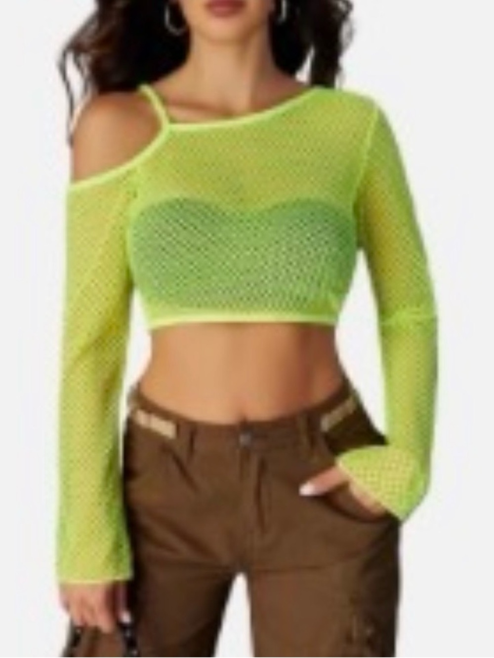 Neon Lime One-Shoulder Mesh Crop Top